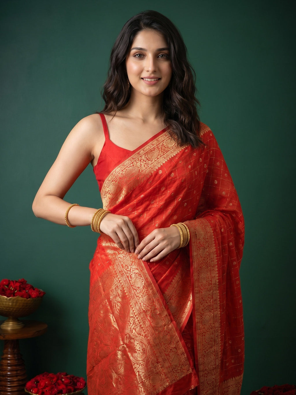 Red Zari Work Crepe Saree