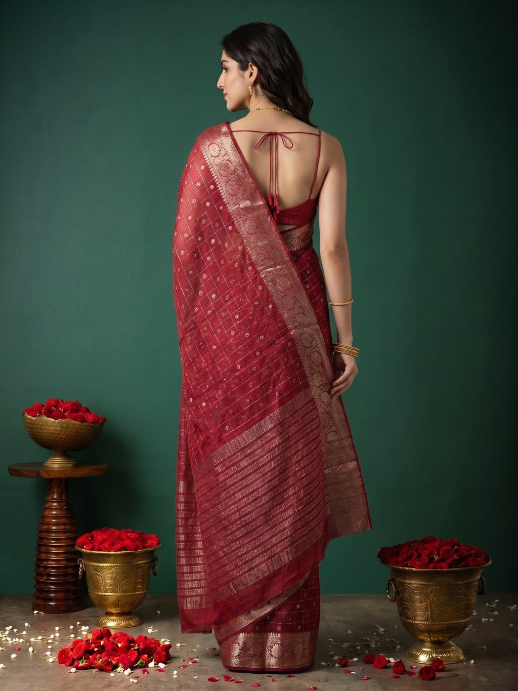 Wine Zari Work Crepe Saree