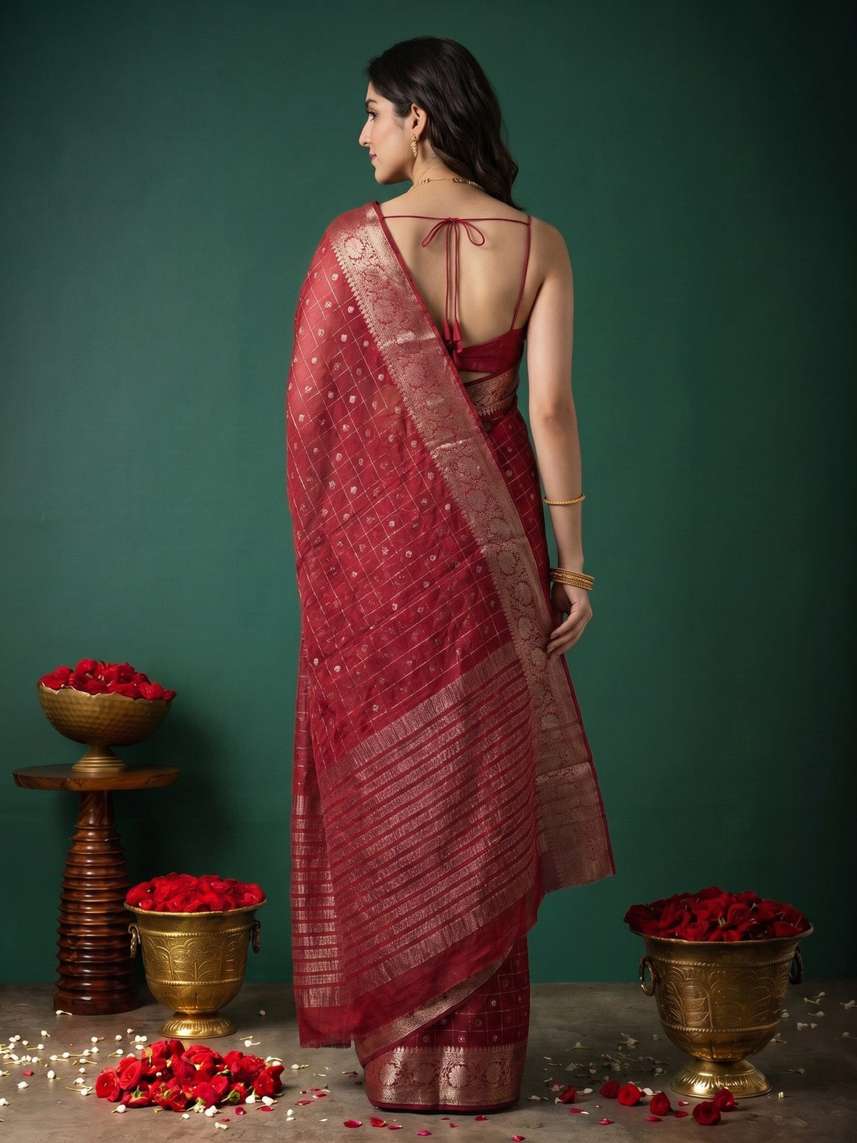 Wine Zari Work Crepe Saree