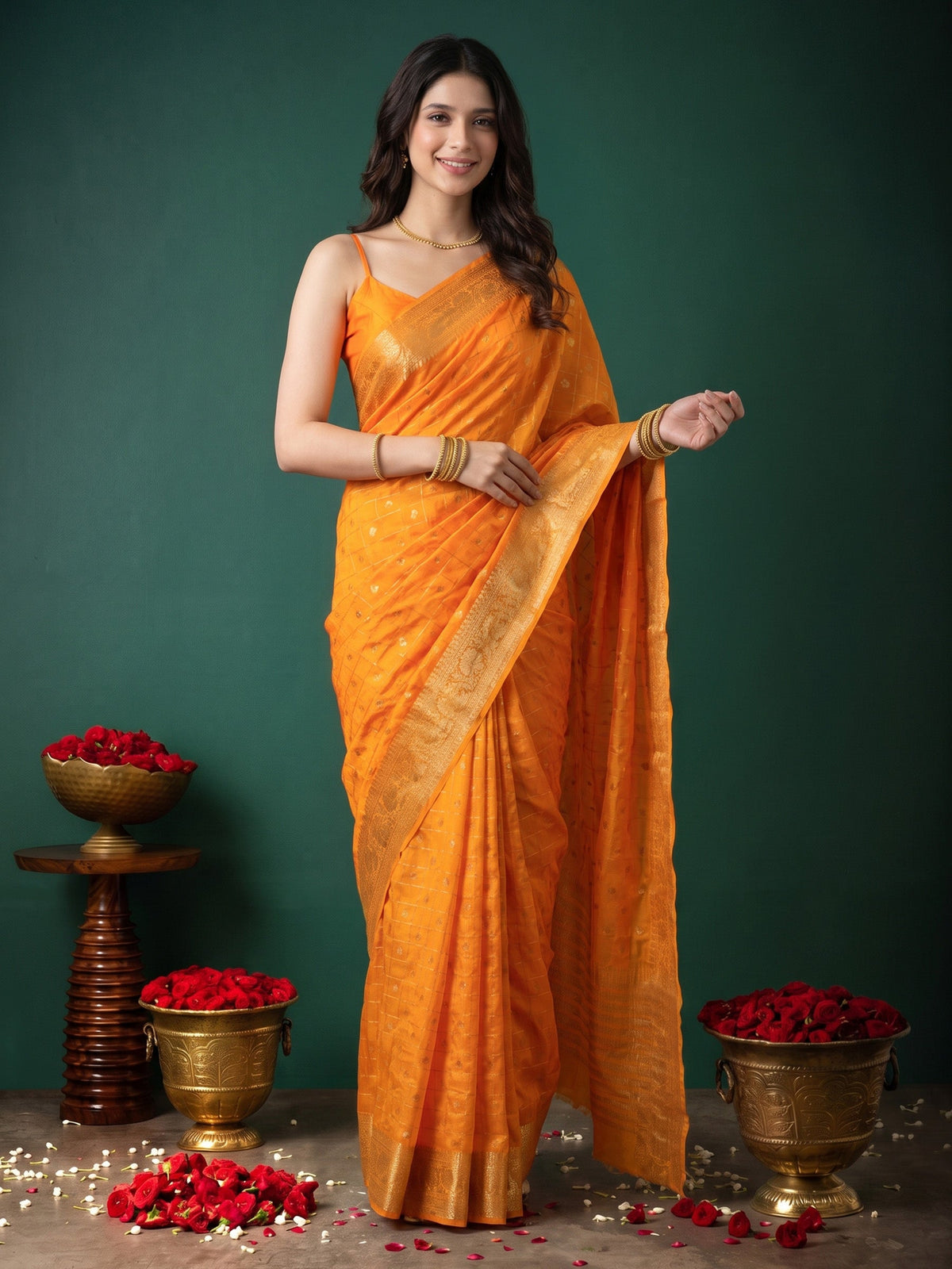 Yellow Zari Work Crepe Saree