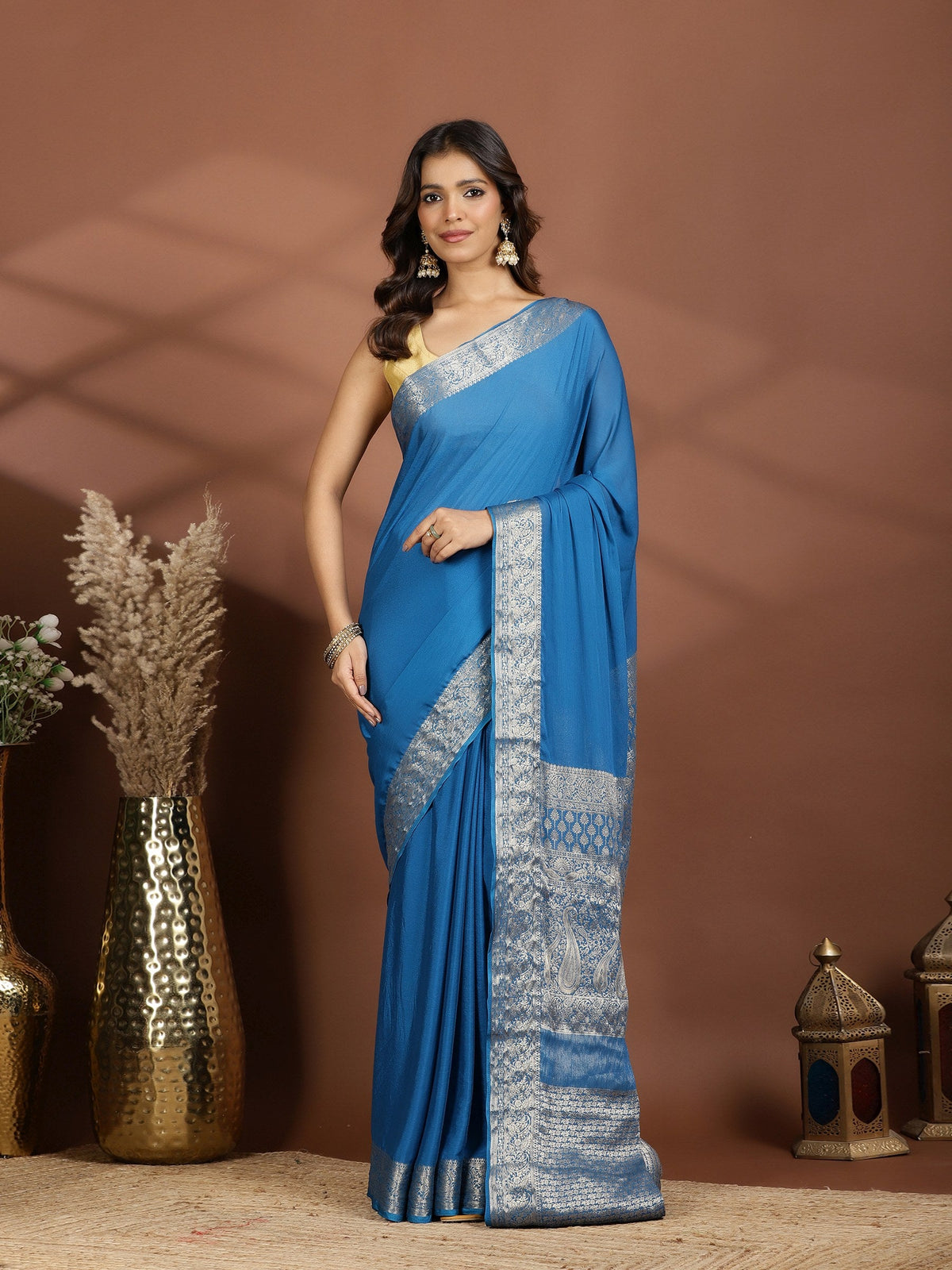 Blue Zari Work Chiffon Saree
