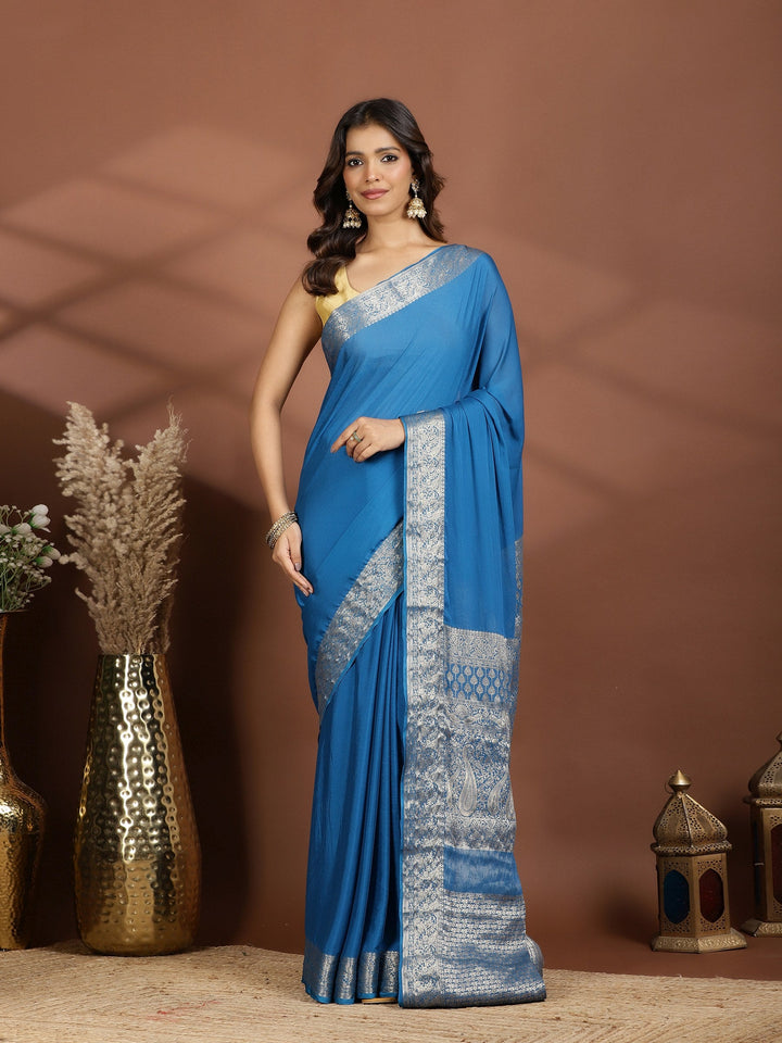 Blue Zari Work Chiffon Saree