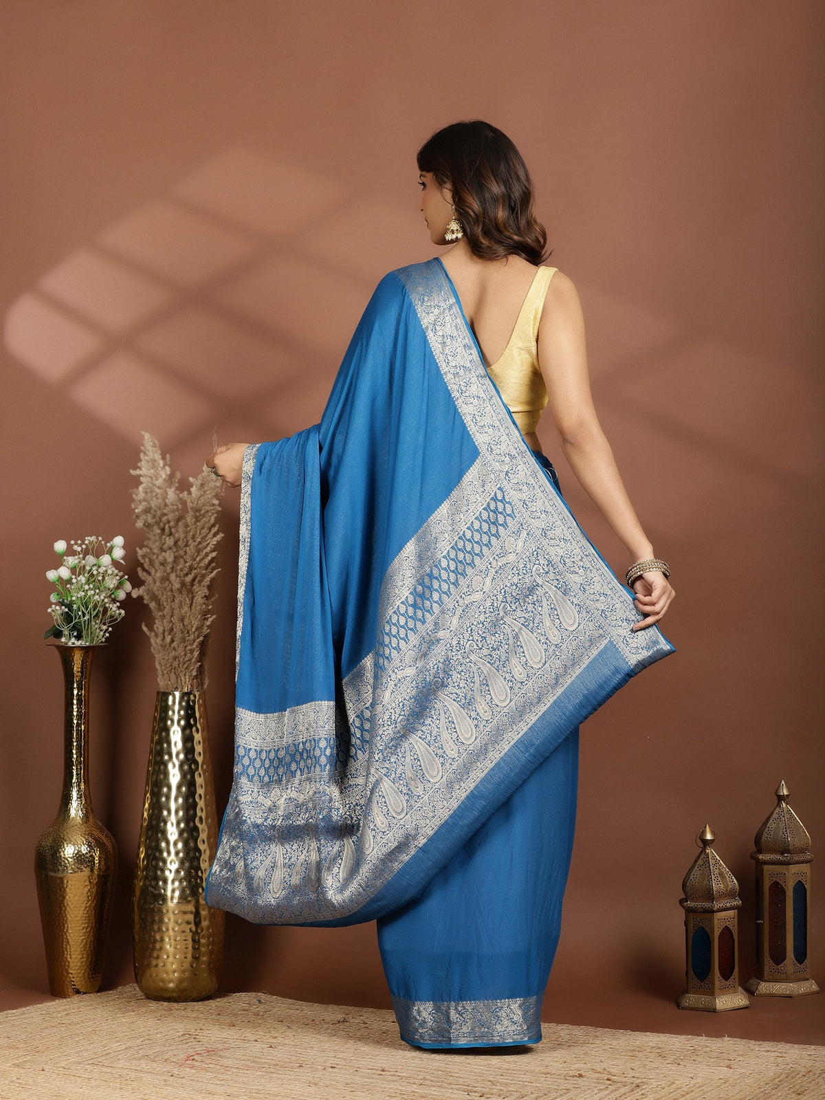 Blue Zari Work Chiffon Saree