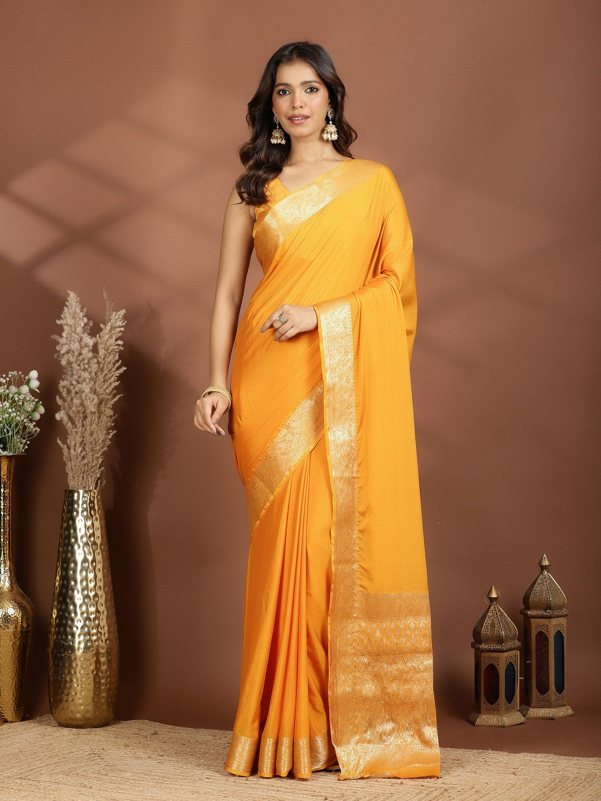 Mustard Zari Work Chiffon Saree