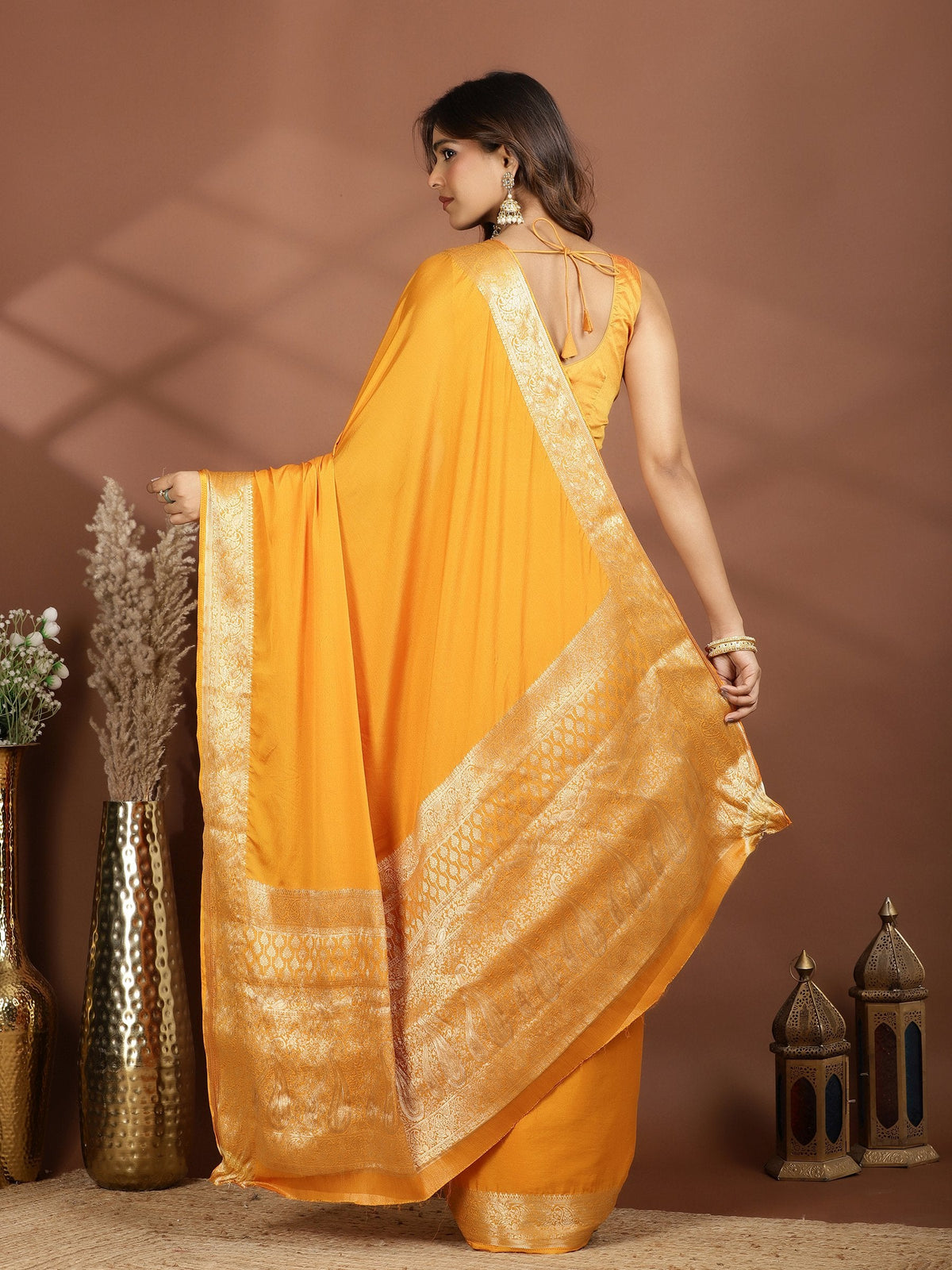 Mustard Zari Work Chiffon Saree