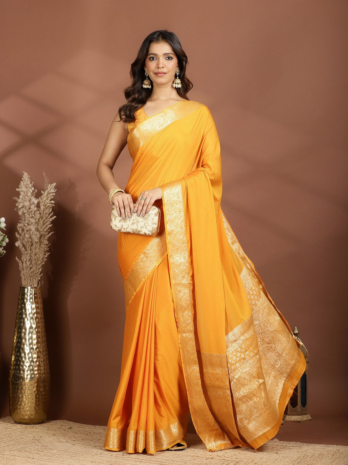Mustard Zari Work Chiffon Saree