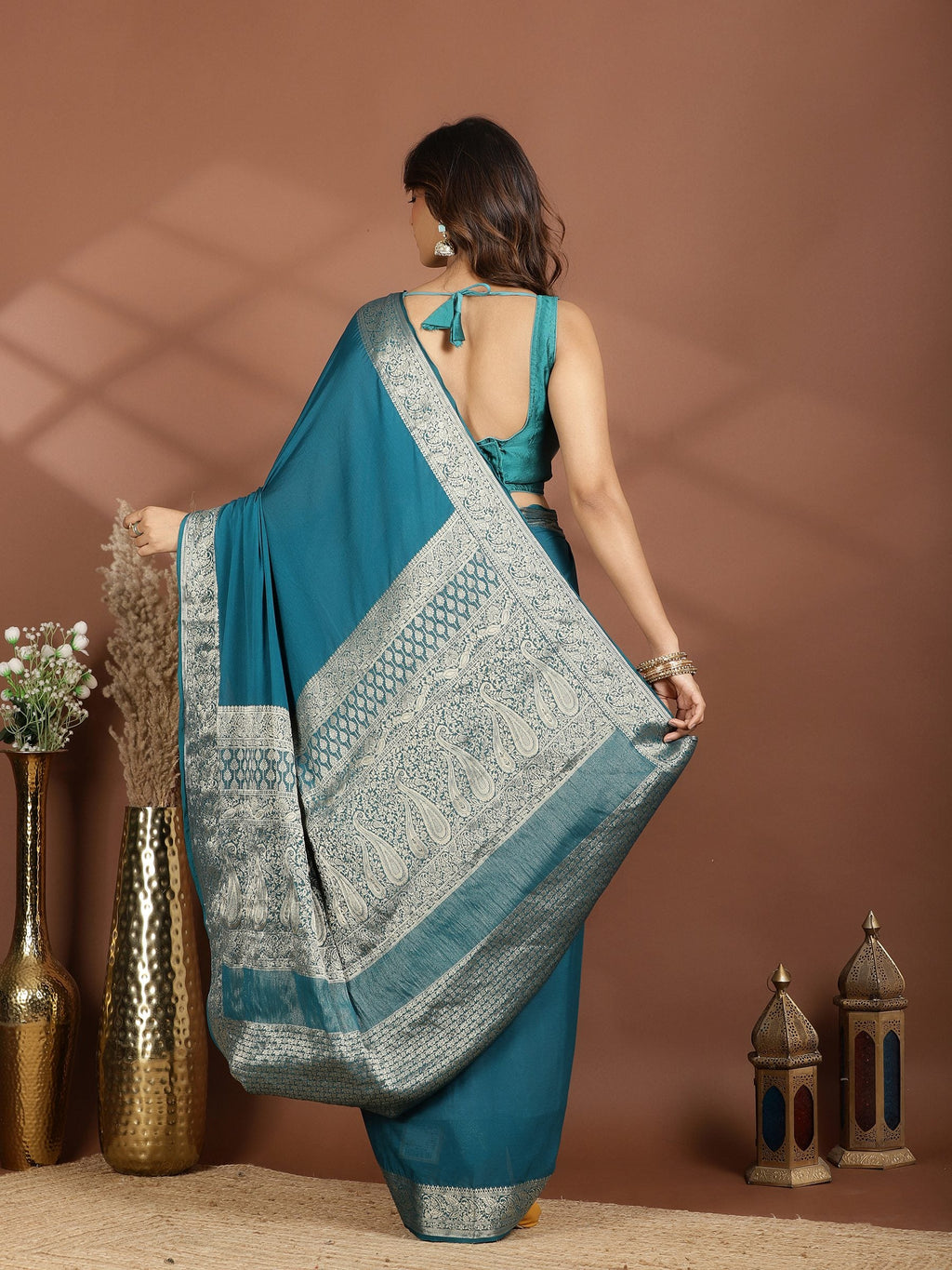 Peacock Blue Zari Work Chiffon Saree