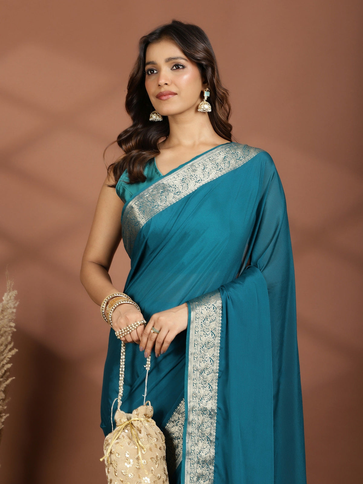 Peacock Blue Zari Work Chiffon Saree