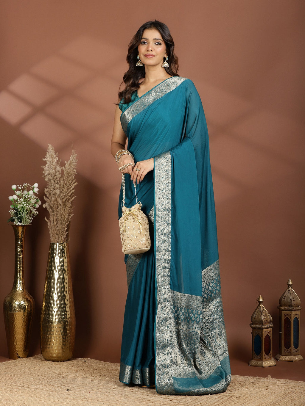 Peacock Blue Zari Work Chiffon Saree