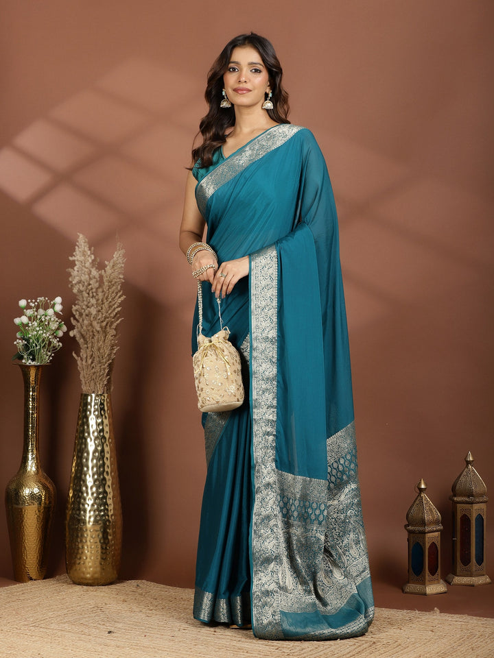 Peacock Blue Zari Work Chiffon Saree