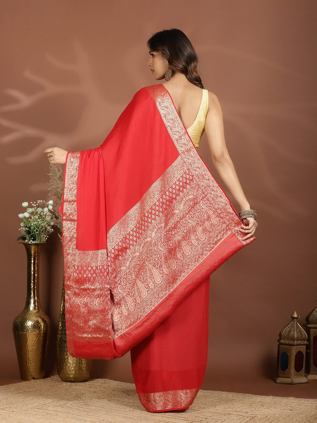 Red Zari Work Chiffon Saree