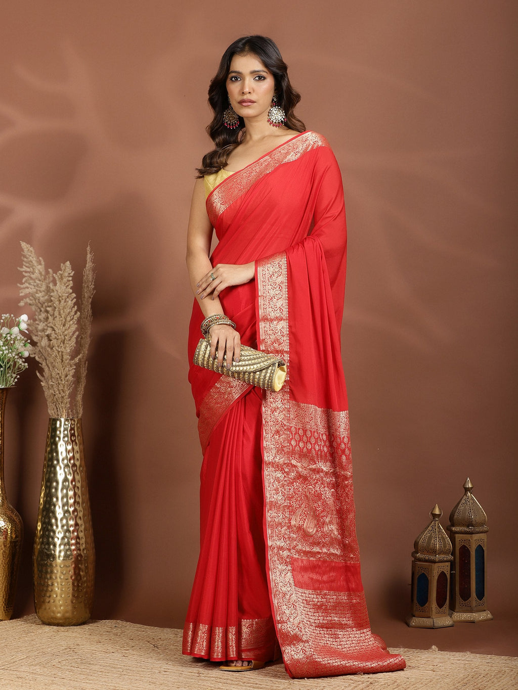 Red Zari Work Chiffon Saree