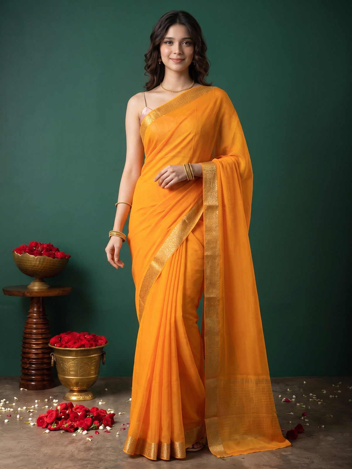 Mustard Zari Work Chiffon Saree