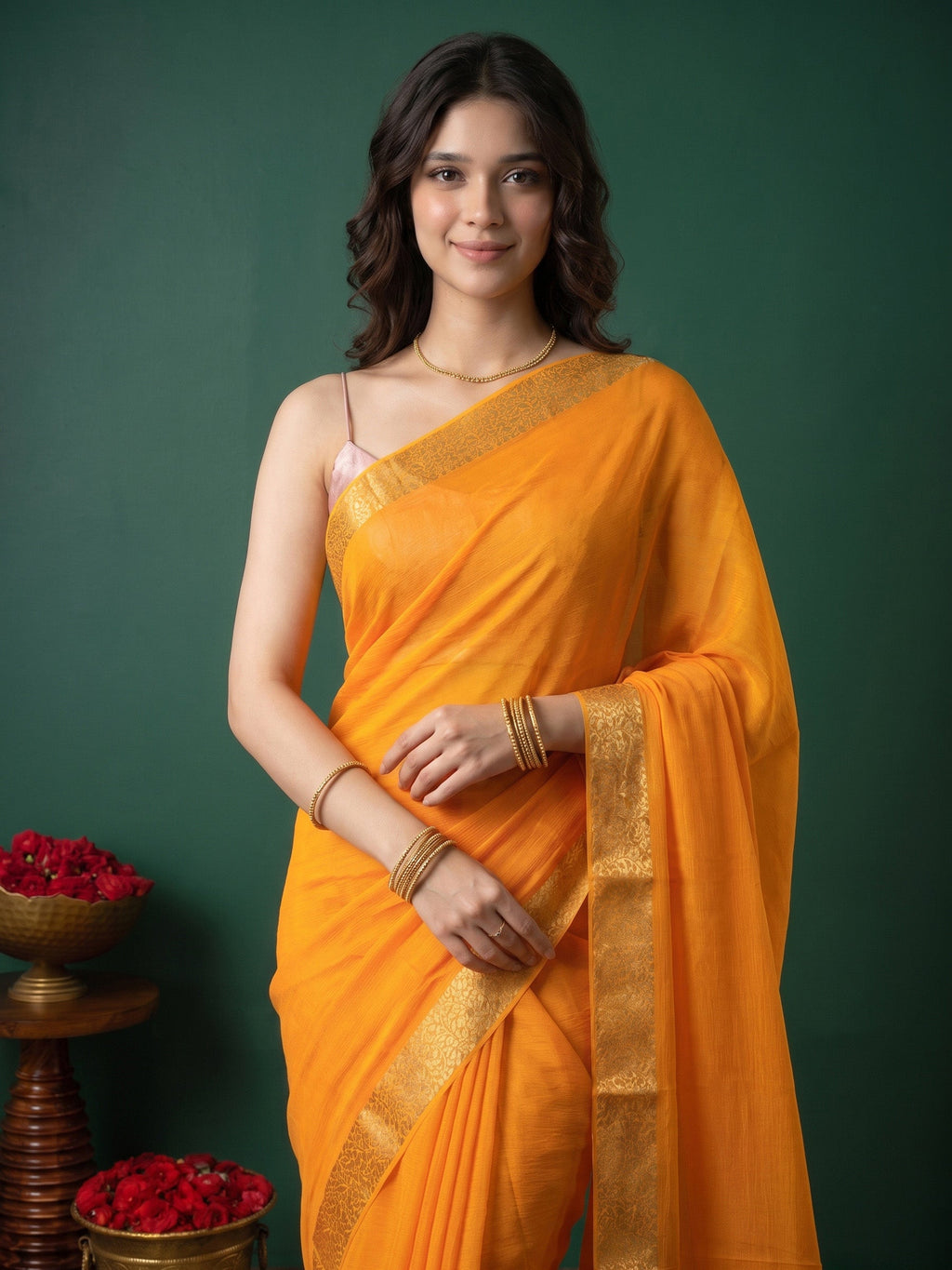 Mustard Zari Work Chiffon Saree