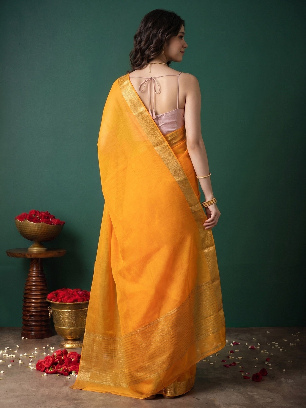 Mustard Zari Work Chiffon Saree