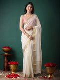 Off White Zari Work Chiffon Saree