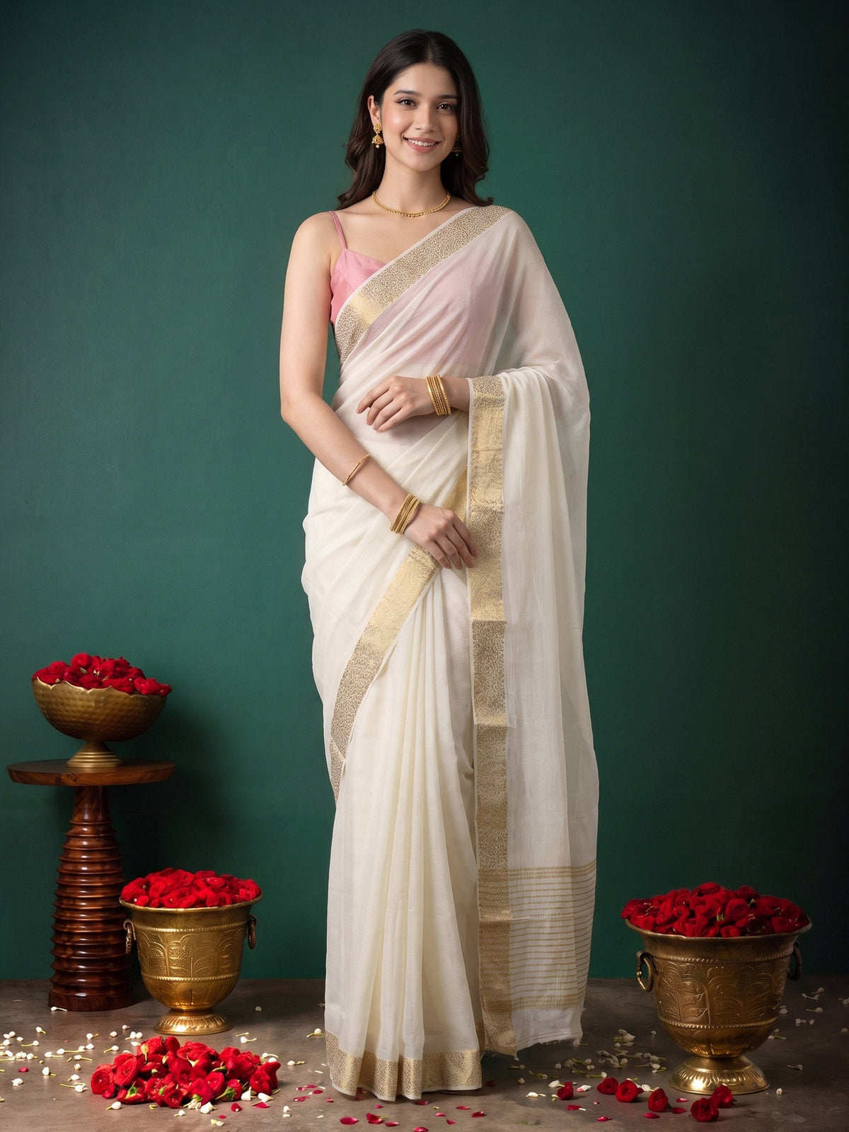 Off White Zari Work Chiffon Saree