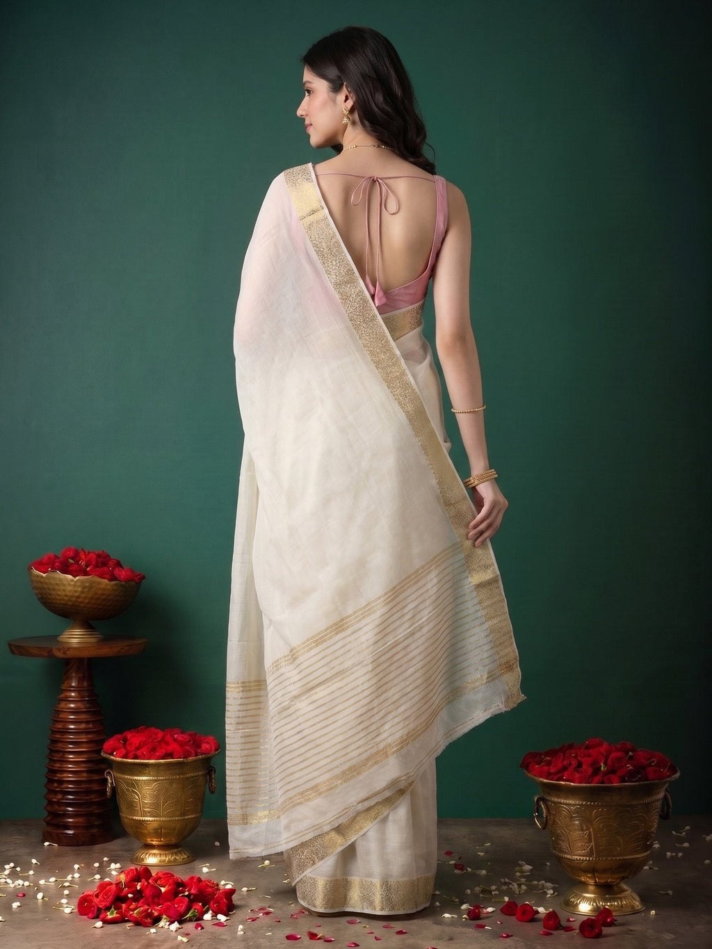 Off White Zari Work Chiffon Saree