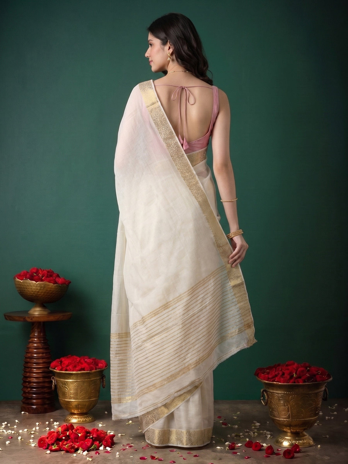 Off White Zari Work Chiffon Saree