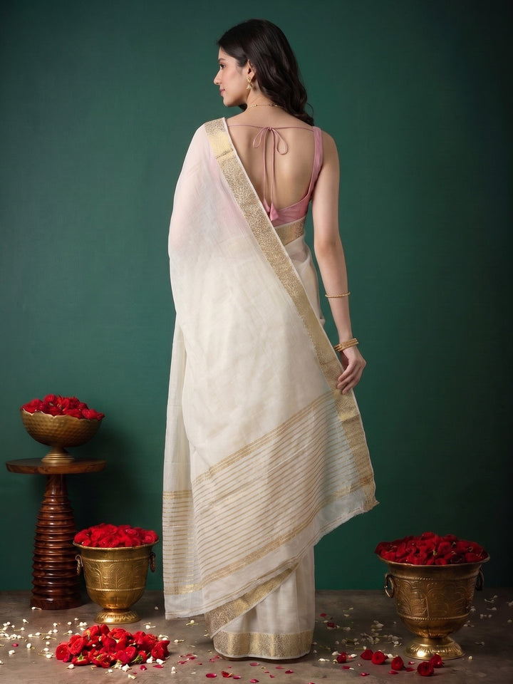 Off White Zari Work Chiffon Saree