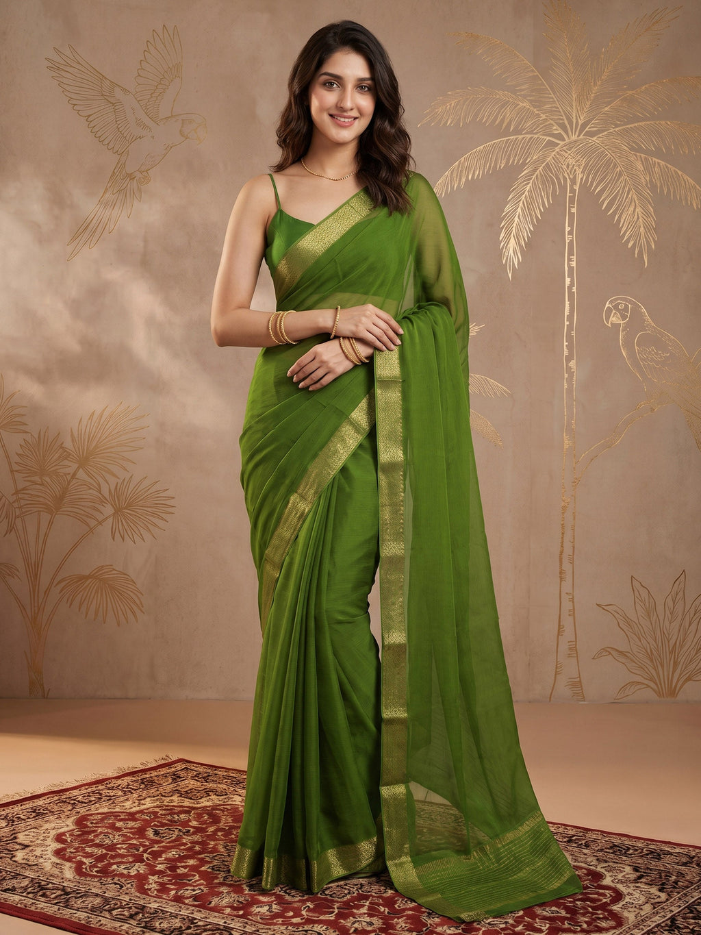 Pista Green Zari Work Chiffon Saree