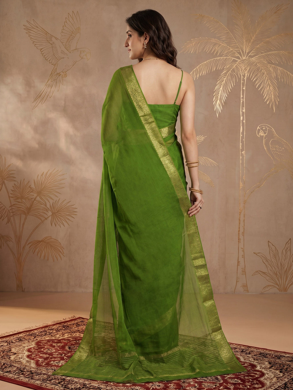 Pista Green Zari Work Chiffon Saree