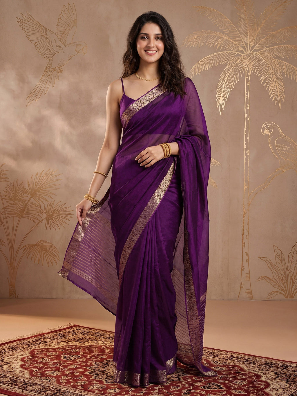 Purple Zari Work Chiffon Saree