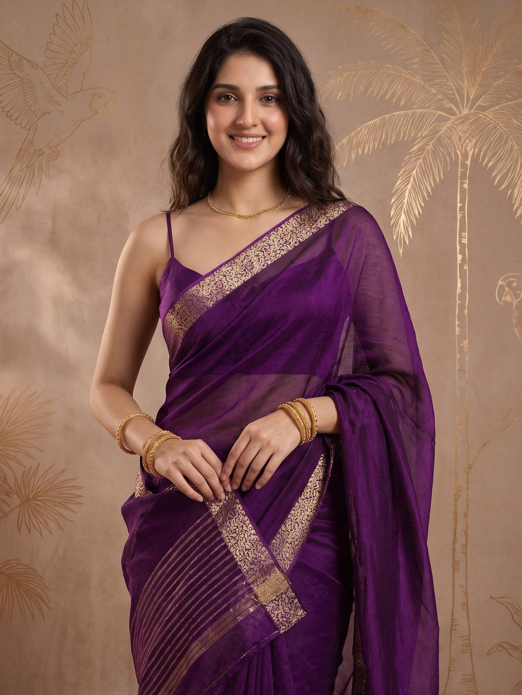Purple Zari Work Chiffon Saree