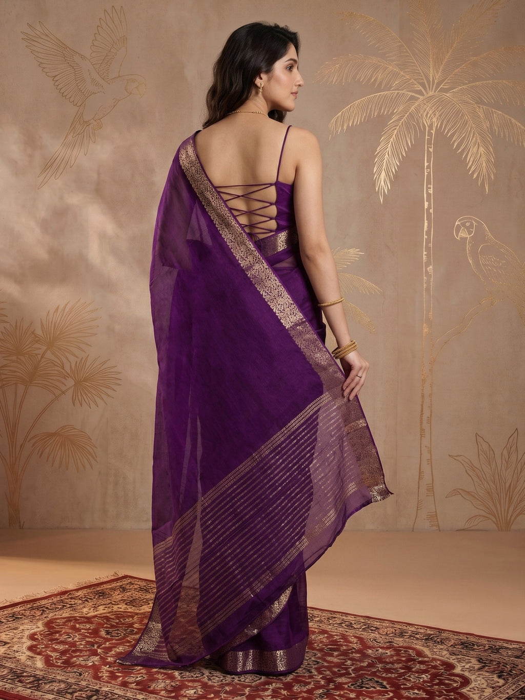 Purple Zari Work Chiffon Saree
