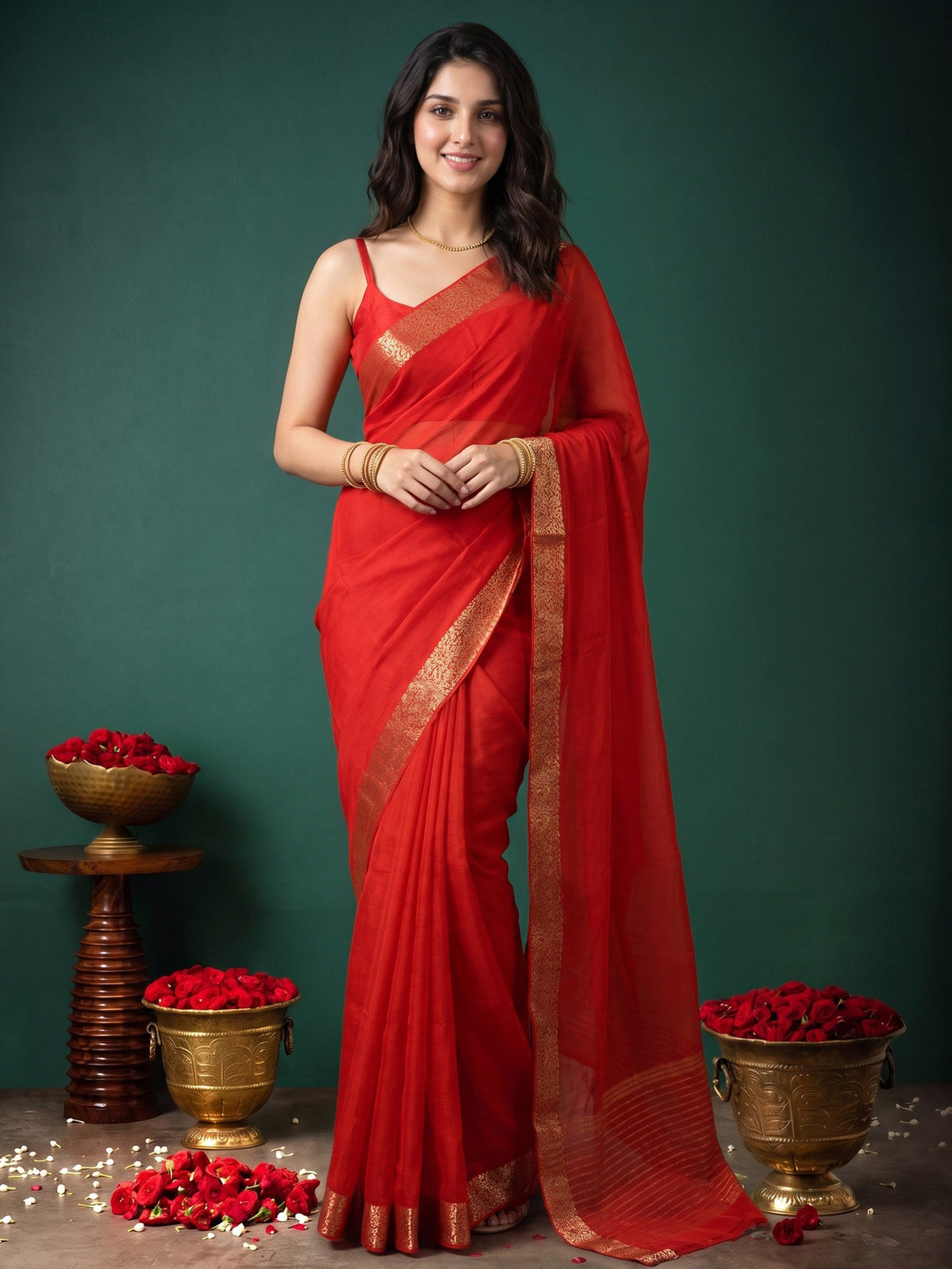 Red Zari Work Chiffon Saree