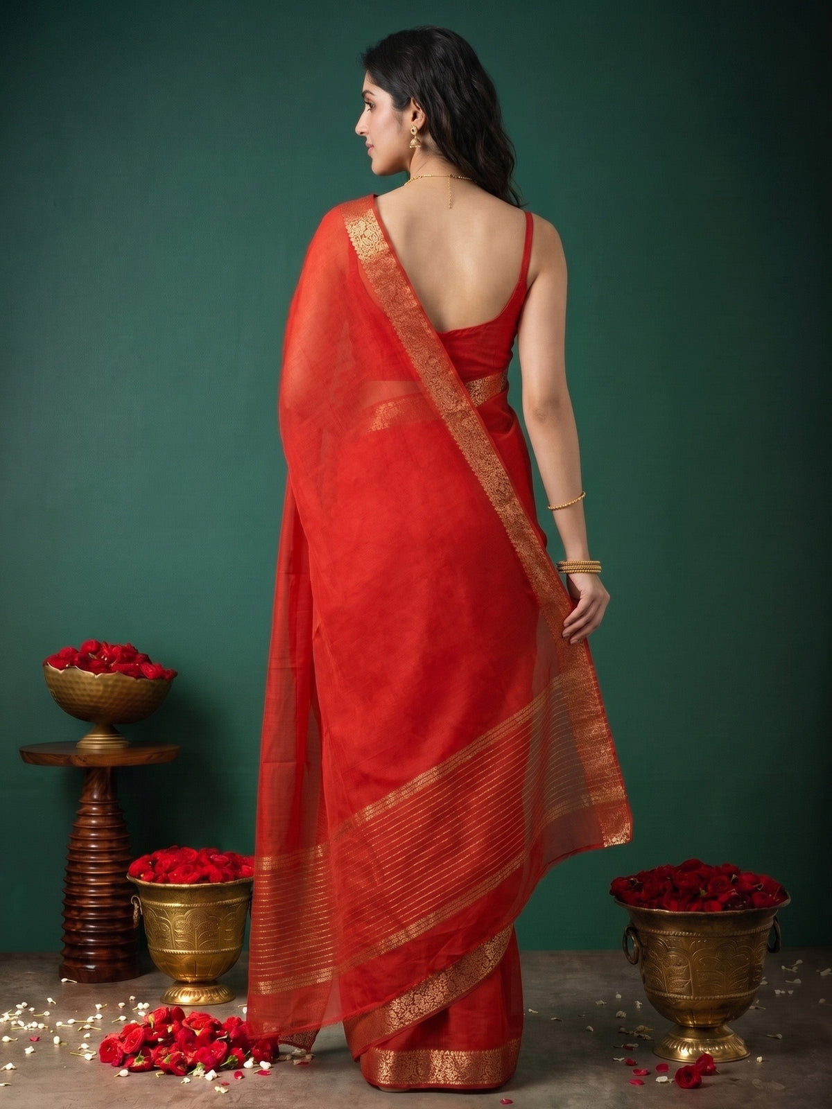 Red Zari Work Chiffon Saree