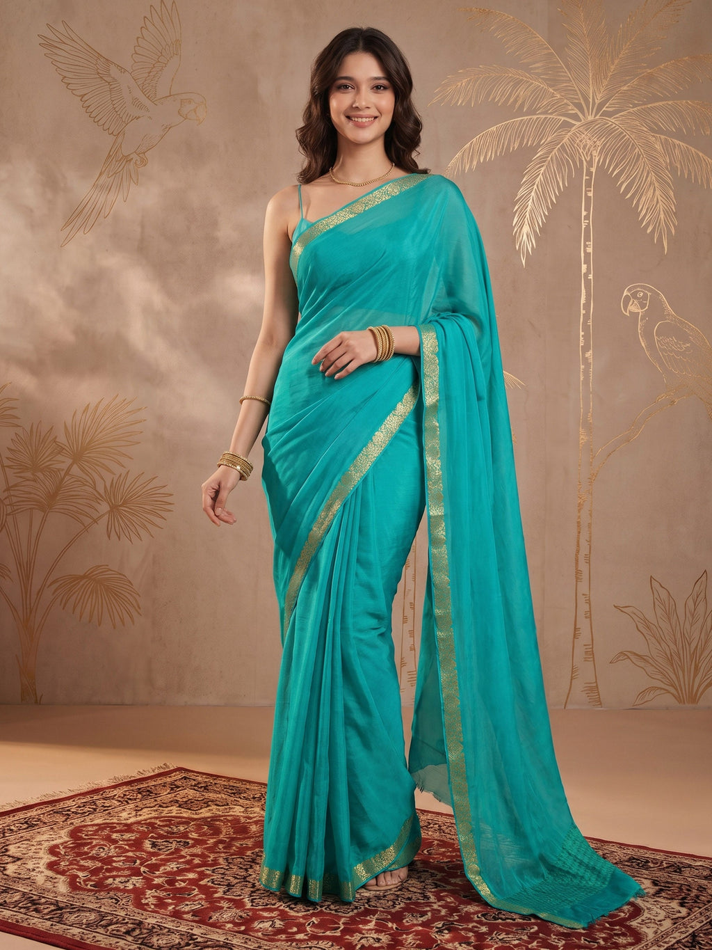 Firozee Zari Work Chiffon Saree