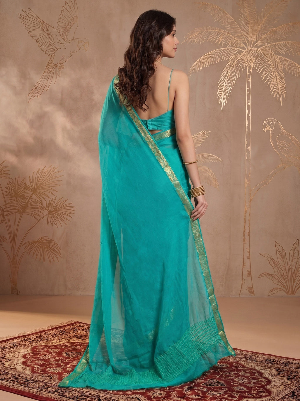 Firozee Zari Work Chiffon Saree
