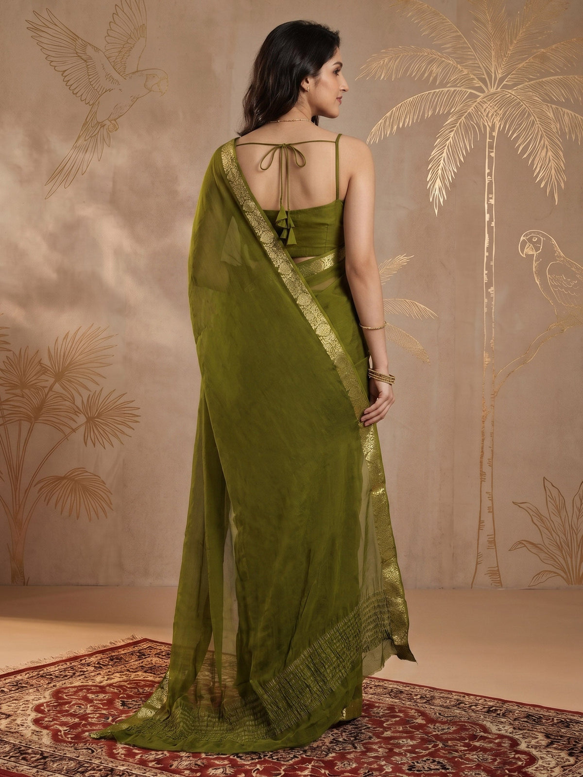 Mehndi Zari Work Chiffon Saree