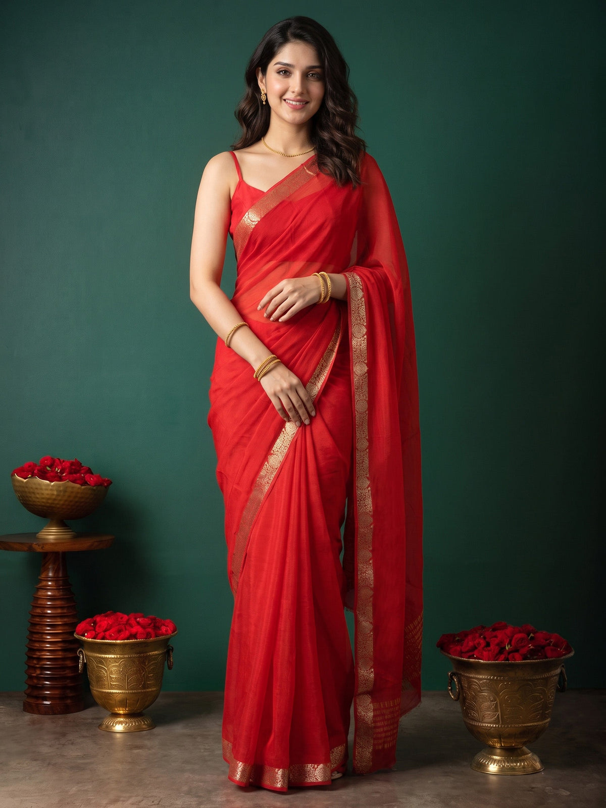 Rani Zari Work Chiffon Saree