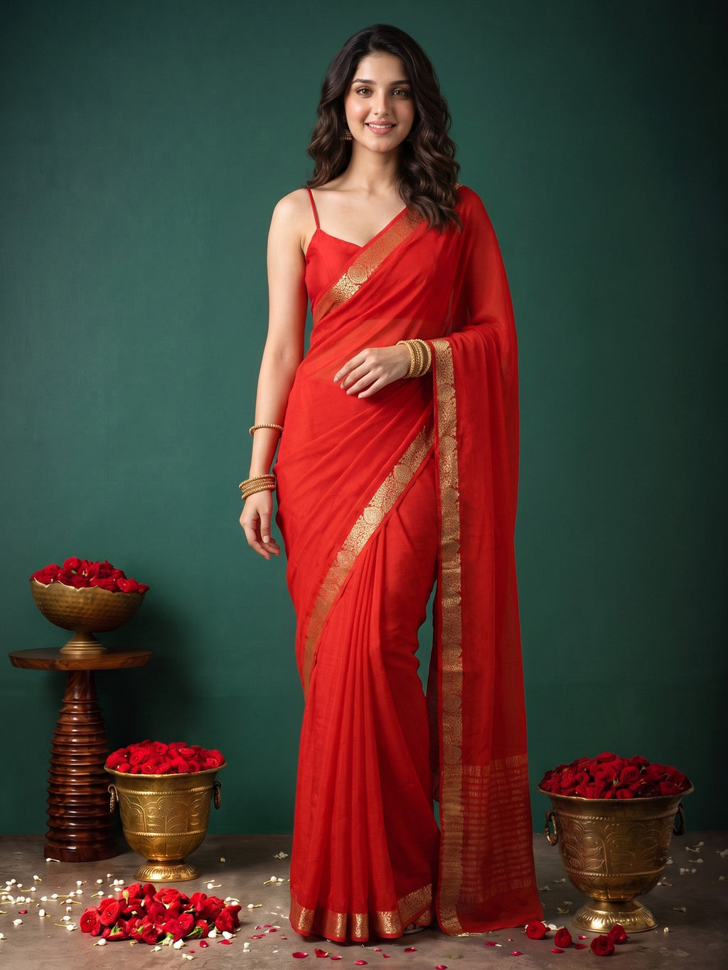 Red Zari Work Chiffon Saree