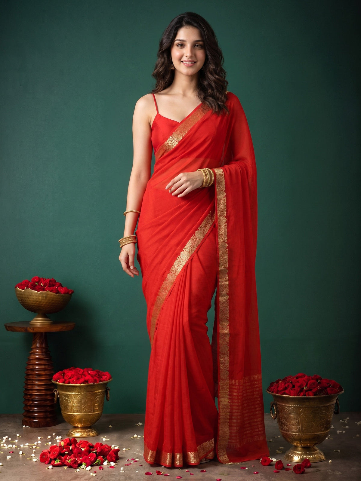 Red Zari Work Chiffon Saree