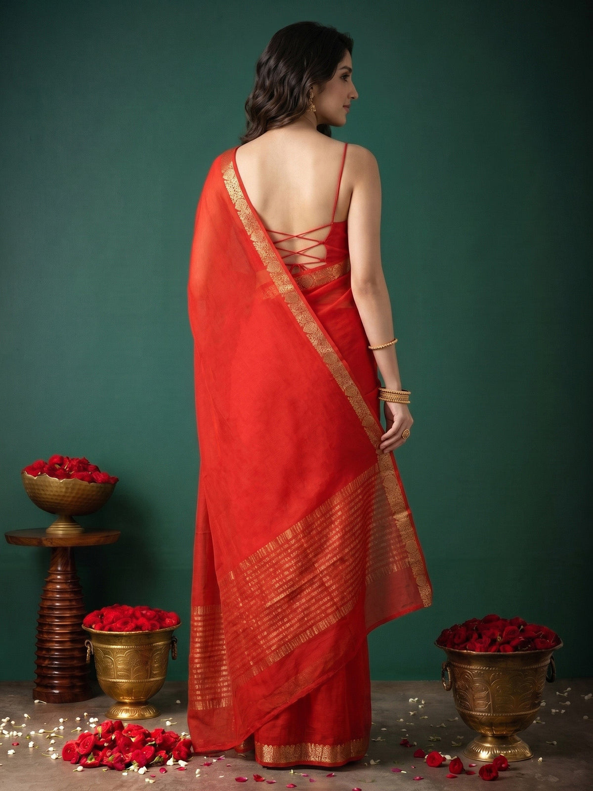 Red Zari Work Chiffon Saree