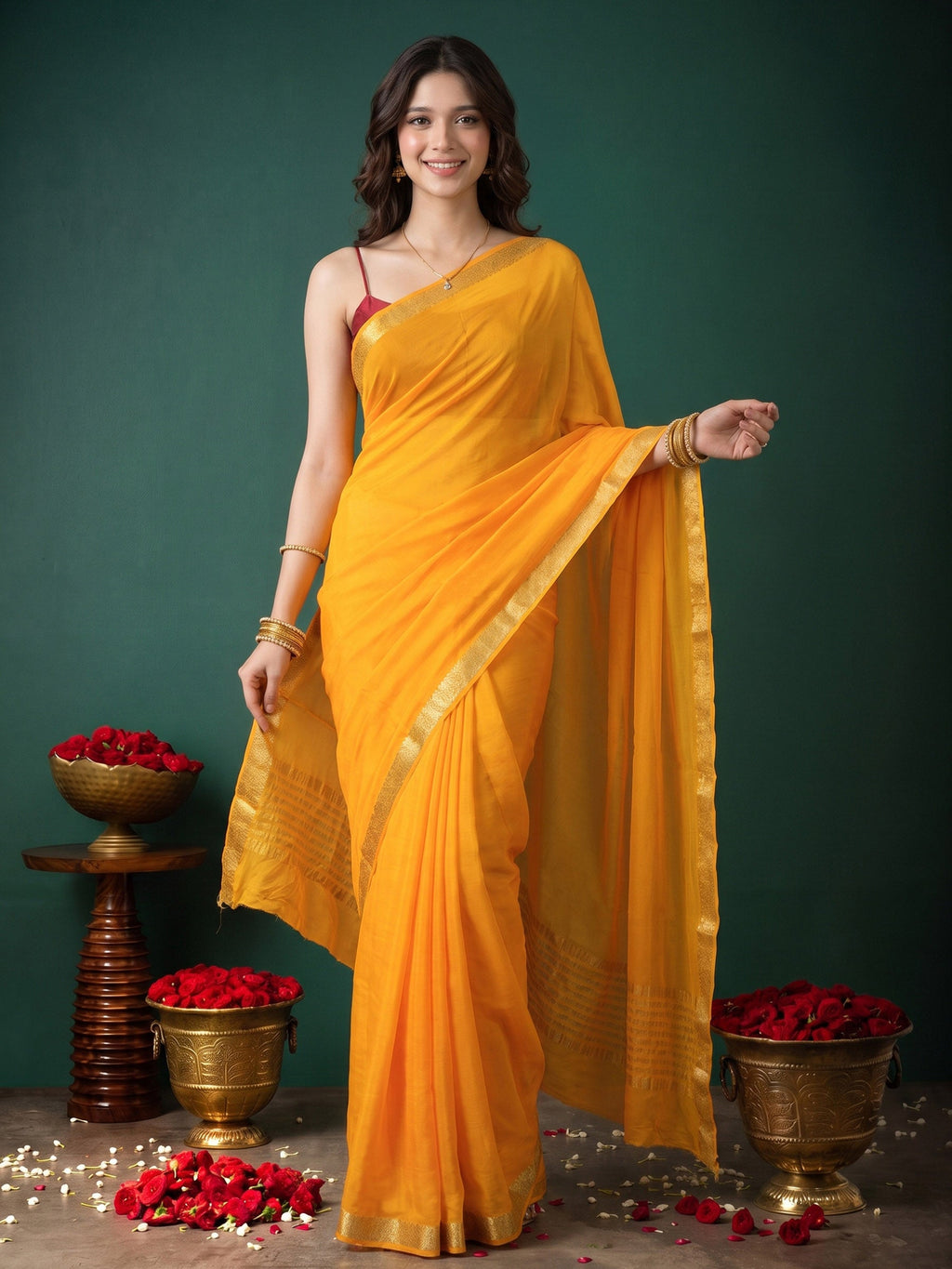 Yellow Zari Work Chiffon Saree