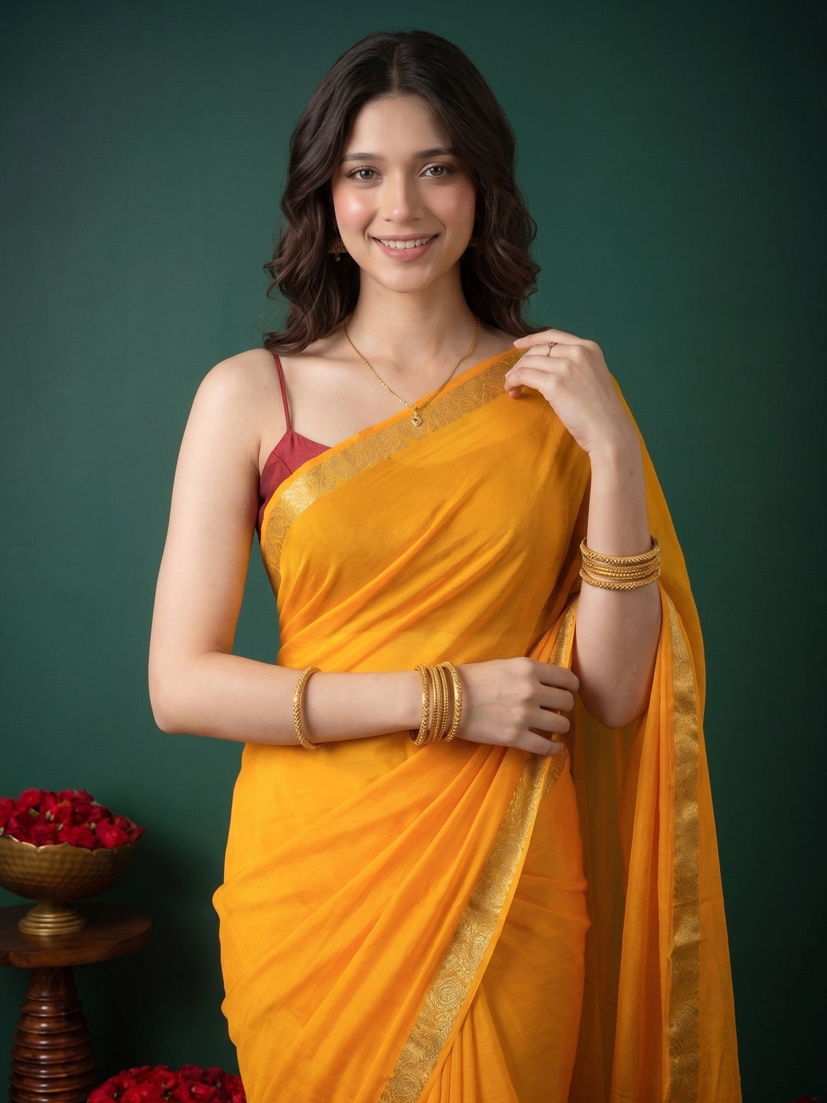 Yellow Zari Work Chiffon Saree