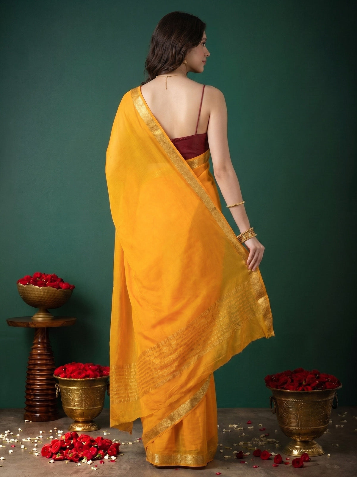 Yellow Zari Work Chiffon Saree