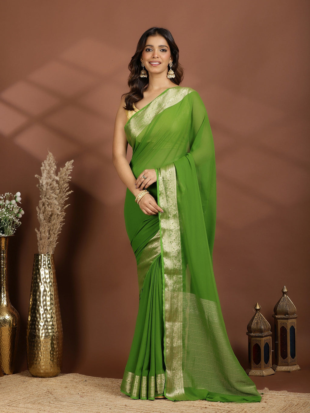 Green Zari Work Chiffon Saree
