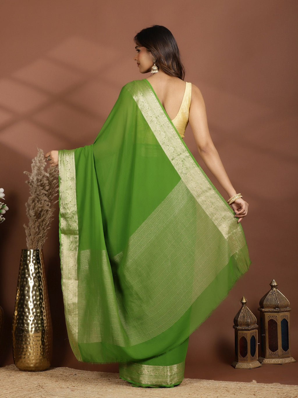 Green Zari Work Chiffon Saree