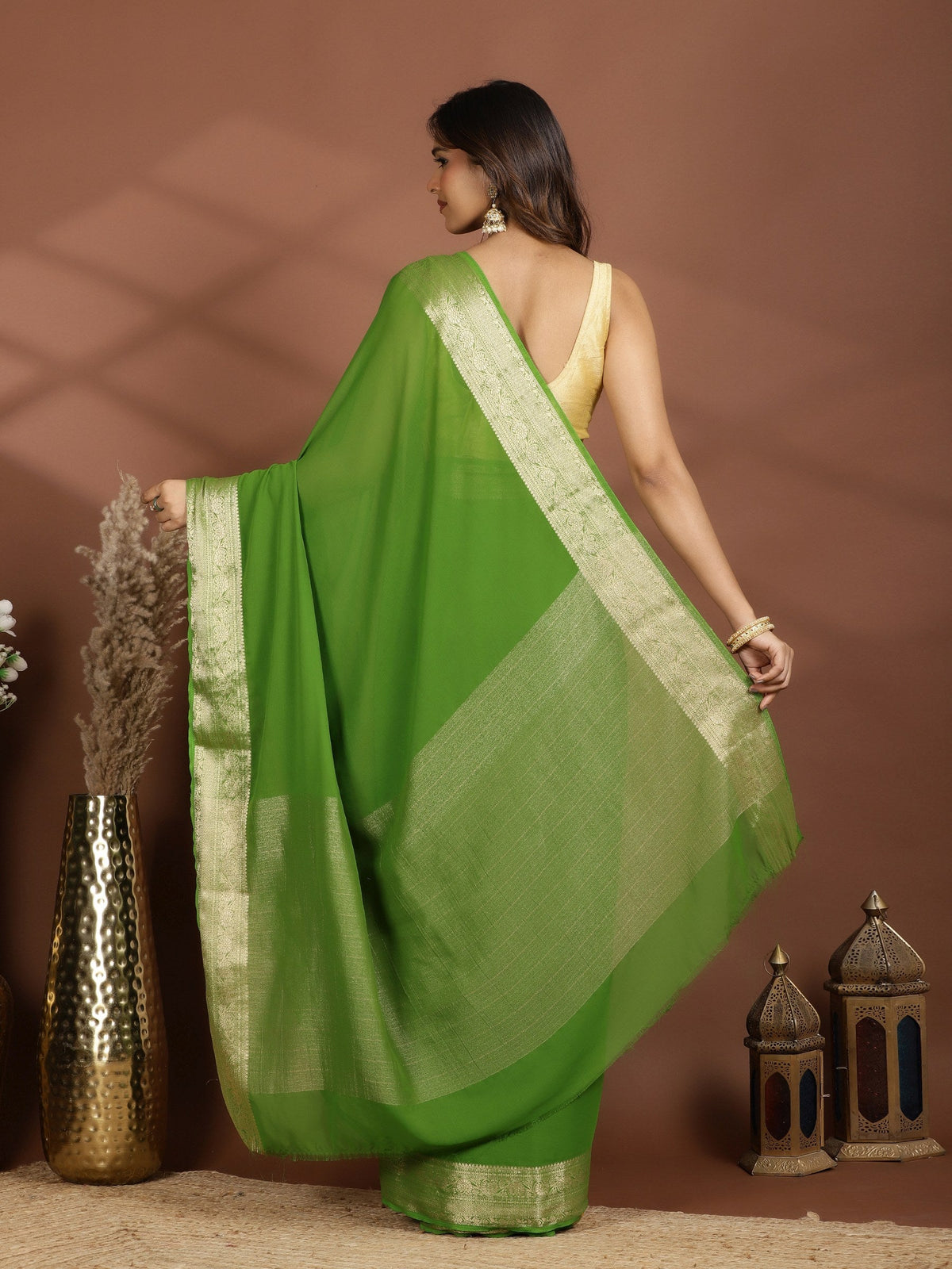 Green Zari Work Chiffon Saree
