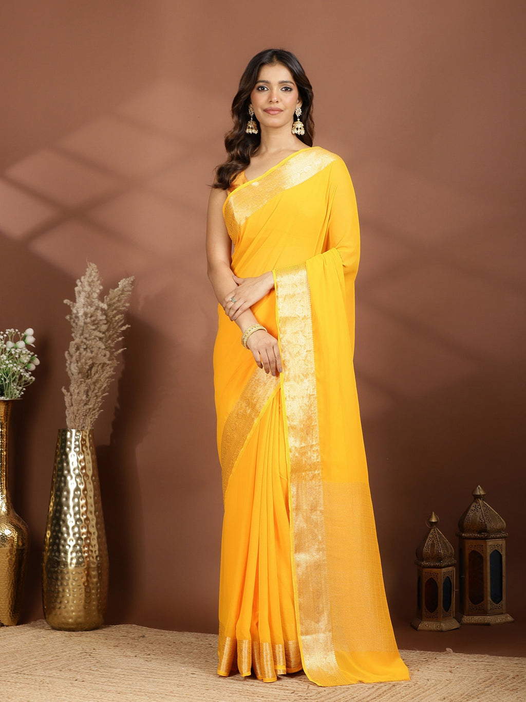 Mustard Zari Work Chiffon Saree