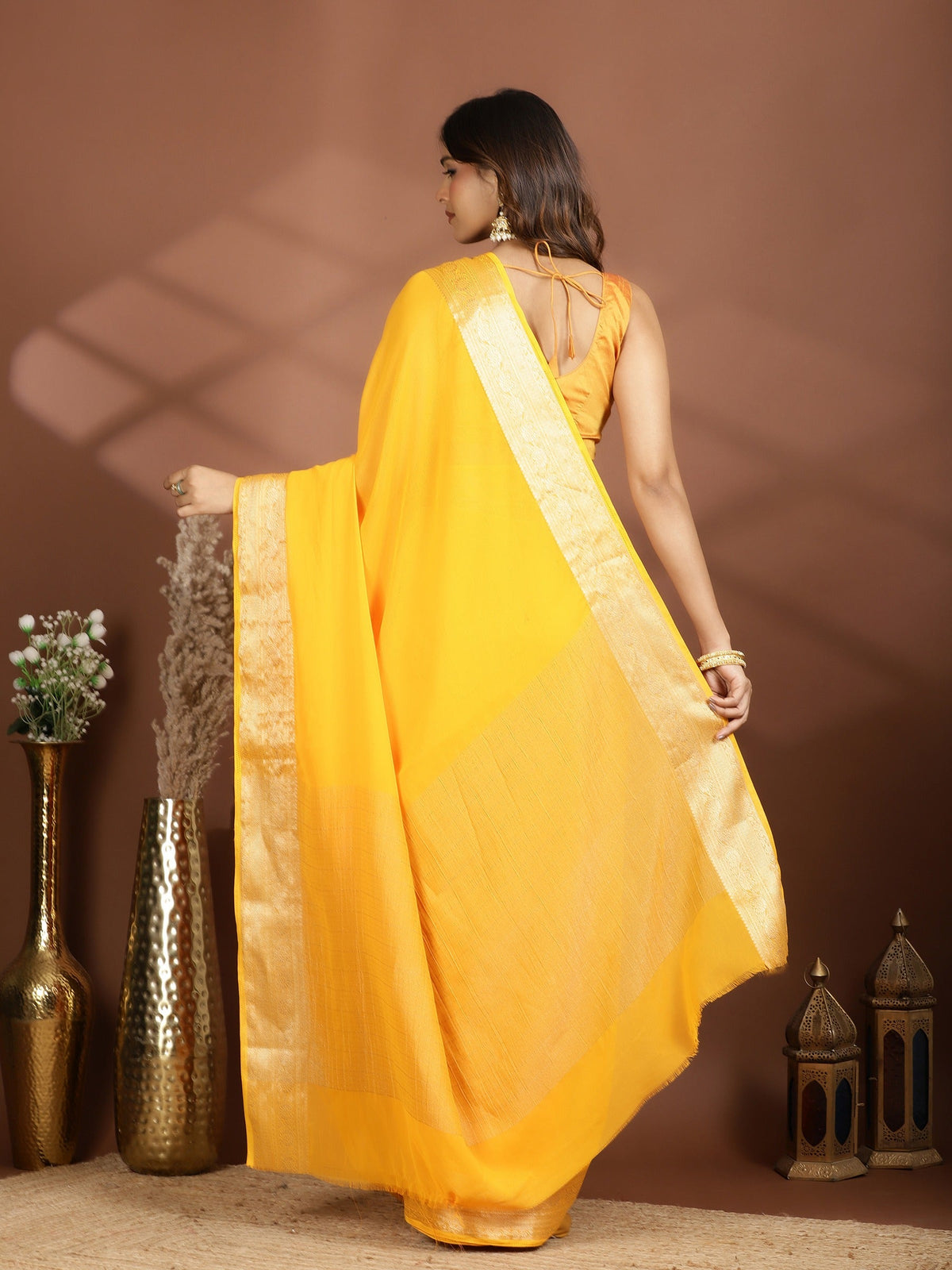 Mustard Zari Work Chiffon Saree