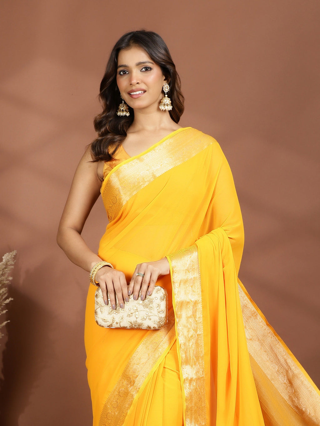 Mustard Zari Work Chiffon Saree