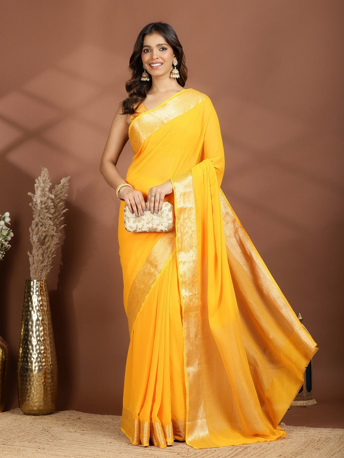 Mustard Zari Work Chiffon Saree