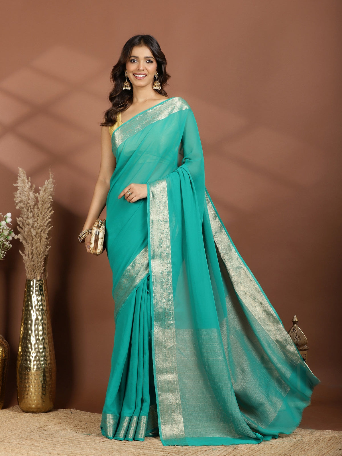 Rama Green Zari Work Chiffon Saree