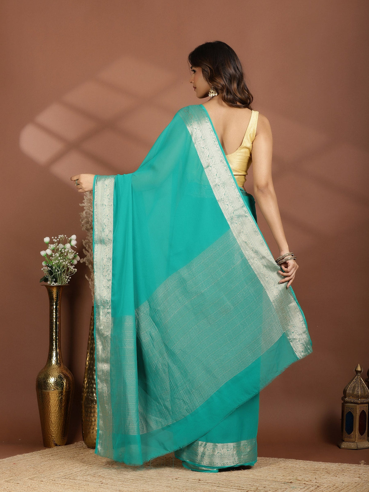 Rama Green Zari Work Chiffon Saree
